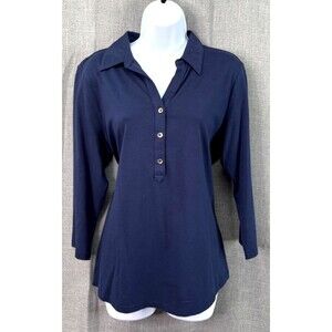 Charter Club 3/4 Sleeve Johnny Collar Knit Top Women's Size L Navy Blue